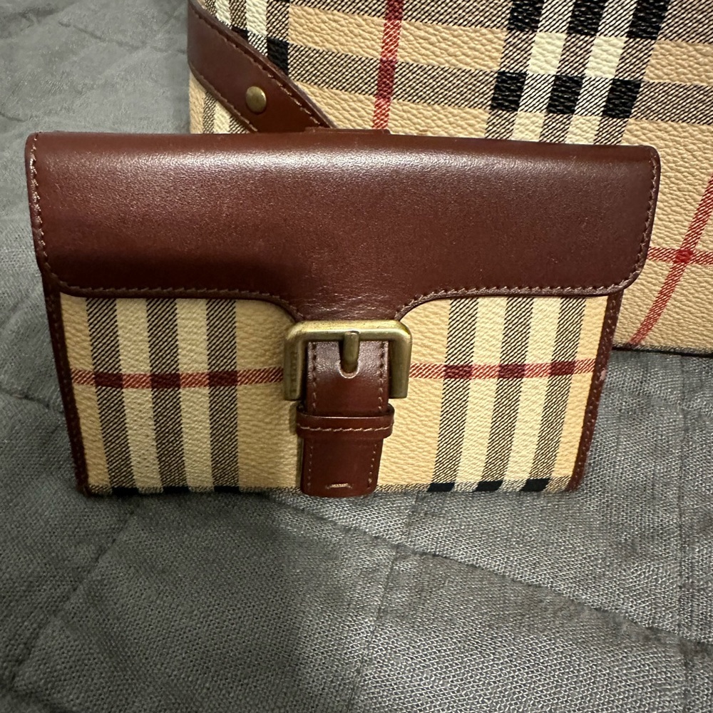 Burberry Brown/Beige Hymarket PVC and LeTher Buckle Wallet